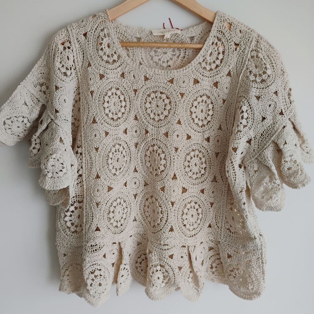 NWT Solitaire Crochet Ruffle Lace Top Beige Boho Cottage Festival Hippie Fairy